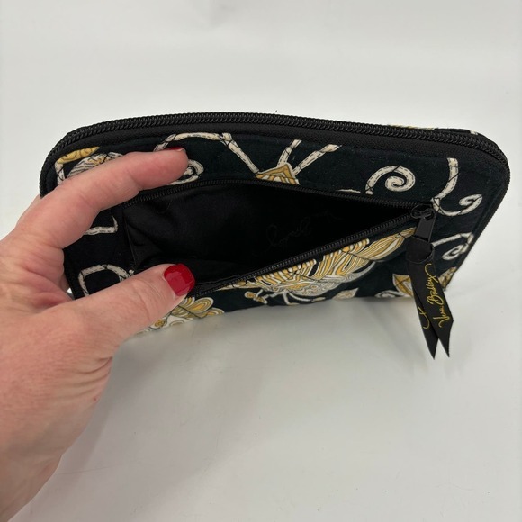 Vera Bradley Zip Around Wallet Wristlet Quilted Black Yellow Brid Floral 8 Inch - Picture 3 of 8